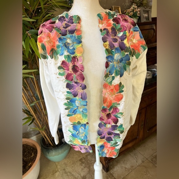 Sweatshirt turned cardigan, hand, painted long sleeve, large,  unique colorful - Picture 5 of 10